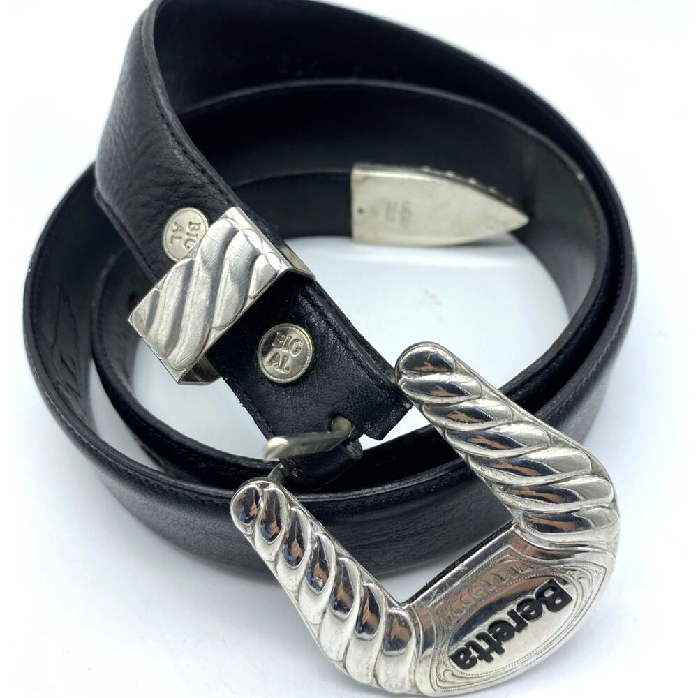 Vtg Big Al‎ ,Al Beres black Leather Belt Silver overlay Buckle 36 USA, Beretta